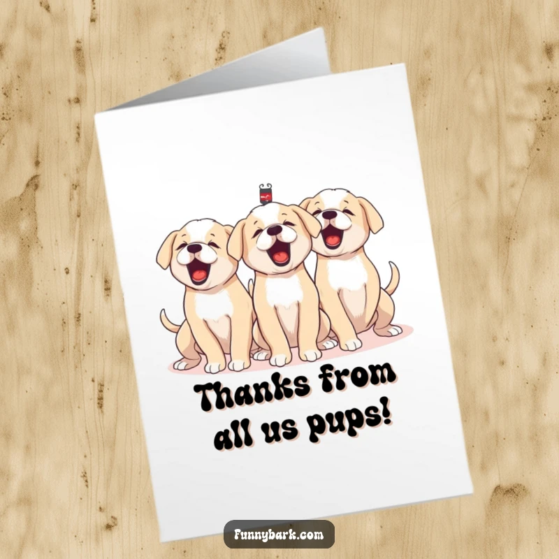 Funny Free Printable Thank You card showing a group of puppies barking together with happy, furiously wagging tails.