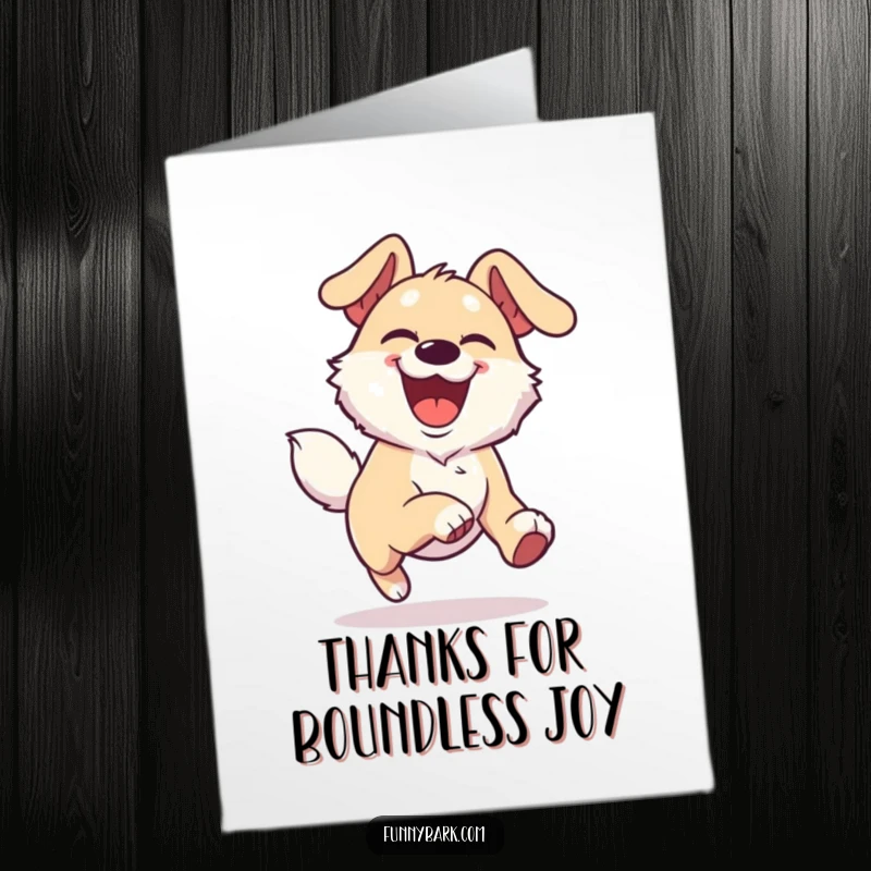 Funny Free Printable Thank You Card featuring an overjoyed dog character running with boundless energy, conveying sincere thanks.