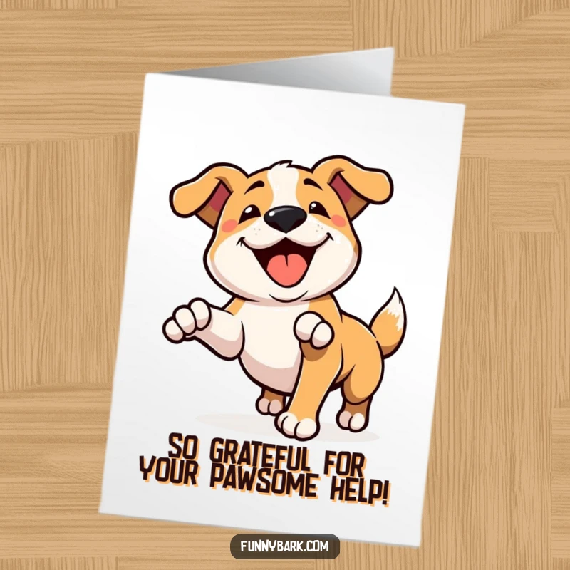 Funny Free Printable Thank You Card: A dog playfully pounces with a happy bark, expressing thanks.