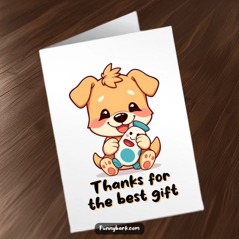 Funny Free Printable Thank You Card with a dog character happily presenting a beloved toy as a token of gratitude.