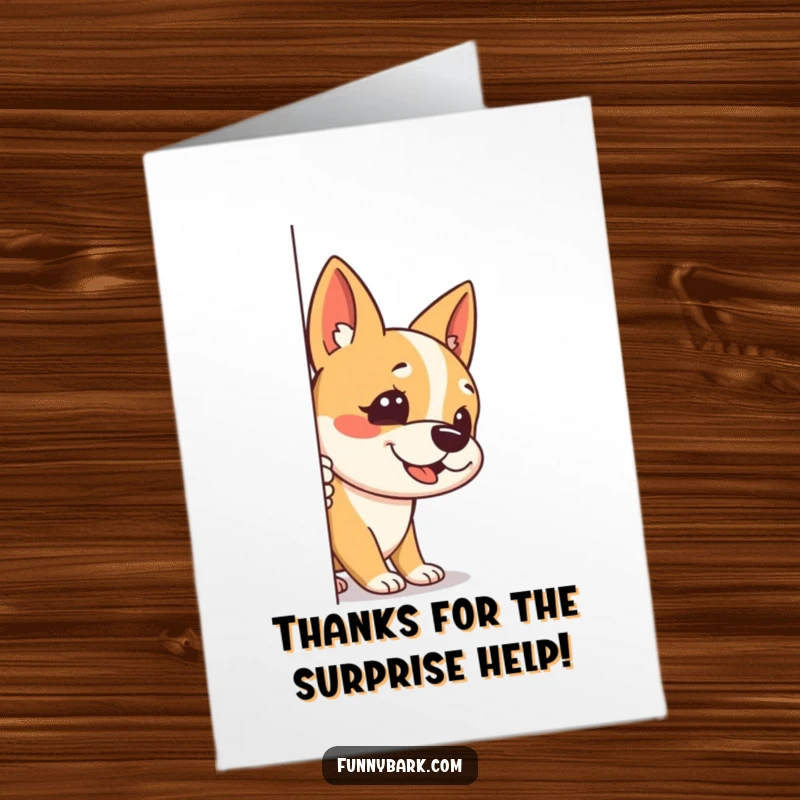 Funny Free Printable Thank You Card: A dog peeks around a corner, one ear up, stealthily barking thanks.
