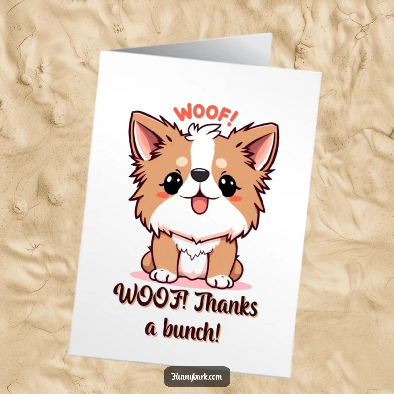 Funny Free Printable Thank You Card: Dog's fur is standing on end, a cartoonish WOOF! sound bubble appears, great DIY.