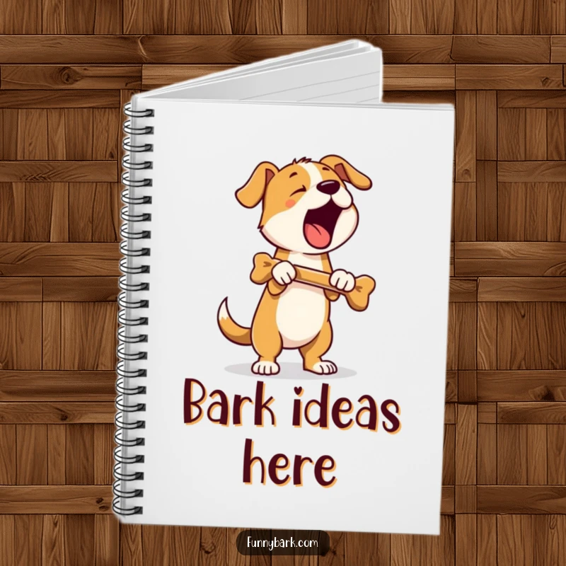 Funny notebook featuring a dog standing on hind legs, holding a bone, and barking; a humorous journal for creative minds.