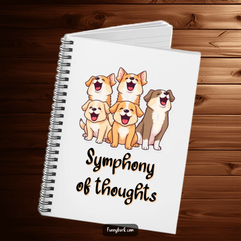 Funny notebook featuring a pack of dogs barking harmoniously, perfect for jotting down funny thoughts or creative ideas.