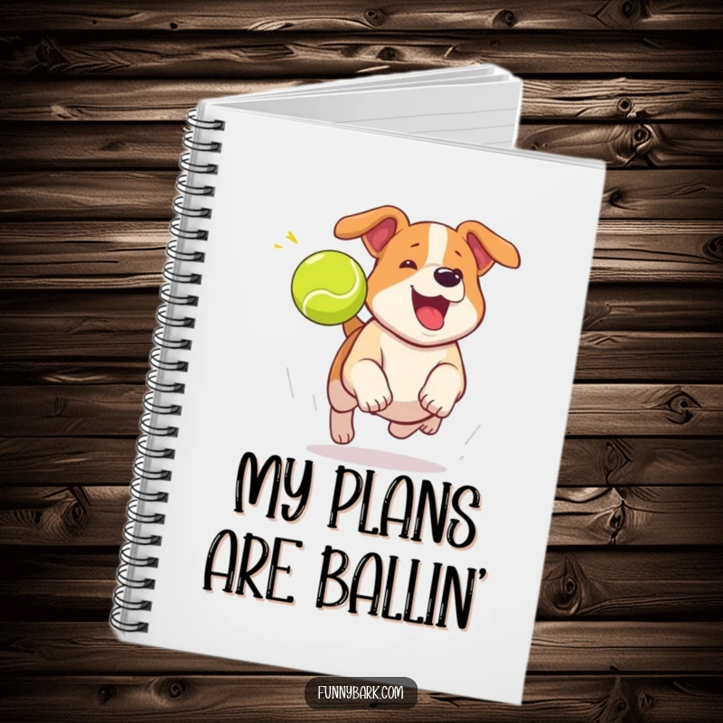Funny dog notebook with a dog mid-bark, chasing a tennis ball, ideal for writing notes.