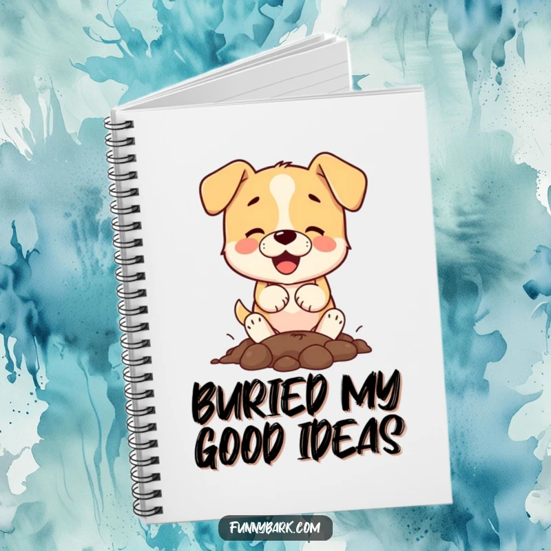 Funny small dog character digging with paws on a notebook cover, perfect for writing down ideas with a smile.