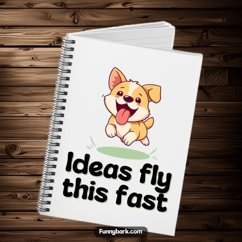Funny dog notebook, cover art shows a dog joyfully chasing a frisbee, tongue out, action shot.