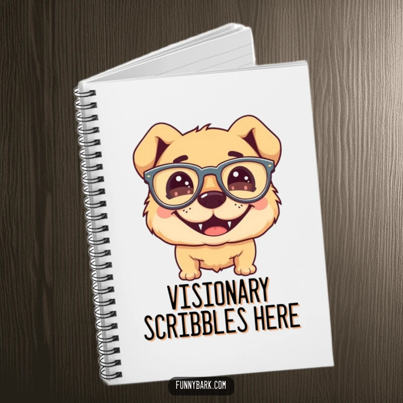 Funny dog notebook, cover art shows a dog with a silly grin wearing oversized floppy glasses, humorous.
