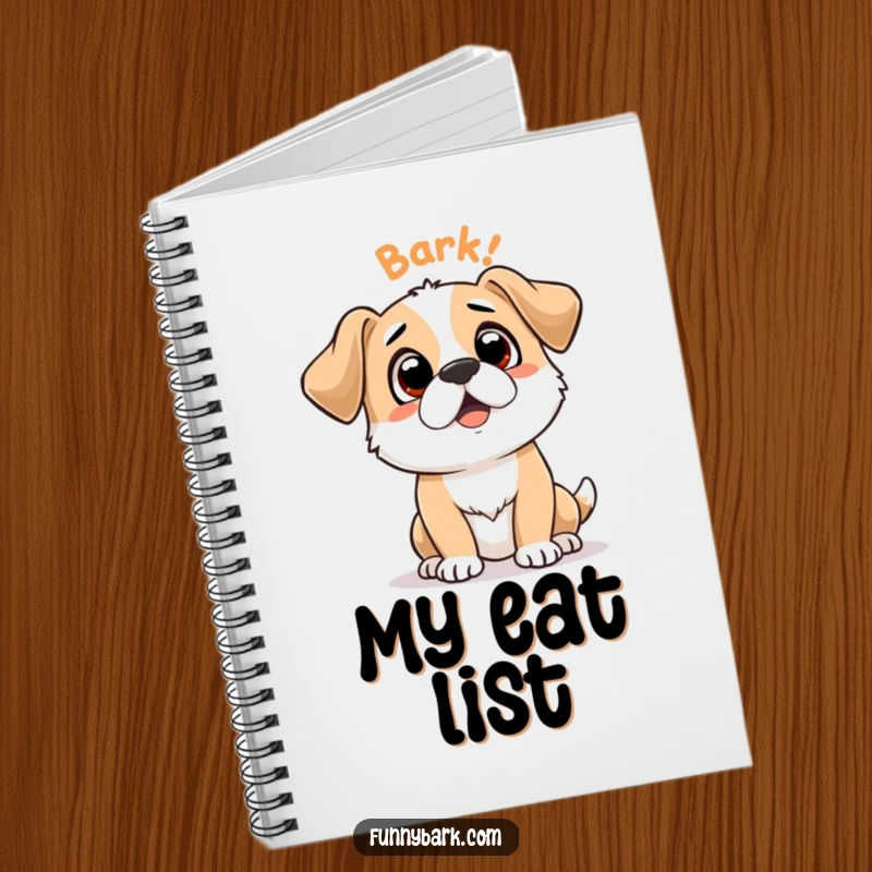 Funny notebook with a dog character looking up expectantly, 'Bark Bark' text, ideal for capturing thoughts with a humorous canine touch.