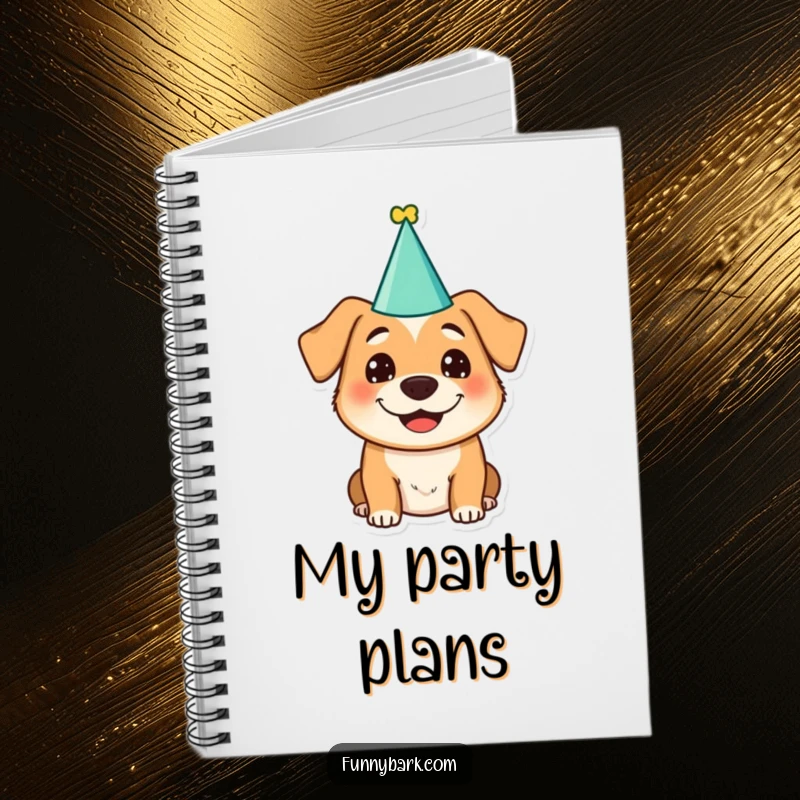 Funny dog character in a party hat with a silly grin on a notebook cover, perfect for writing with a smile.