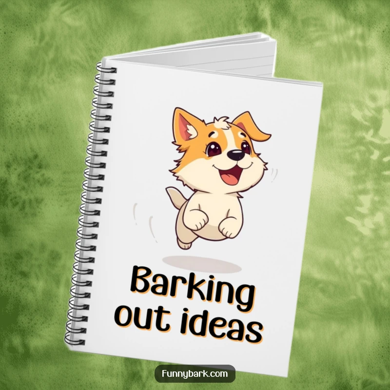 Funny Notebook: Shows an energetic dog character running with wind-swept fur and a bark, ideal for jotting notes with a humorous, pet-themed flair.