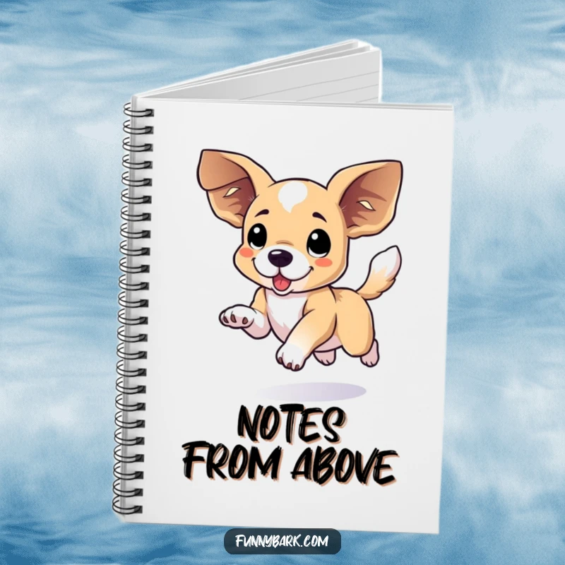 Funny floppy eared dog notebook depicting a dog mid-leap, large ears and wagging tail symbolizing enthusiastic note-taking.
