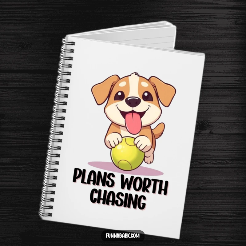 Funny grinning dog notebook with tongue out, depicting a dog chasing a ball, ready for enthusiastic note-taking.