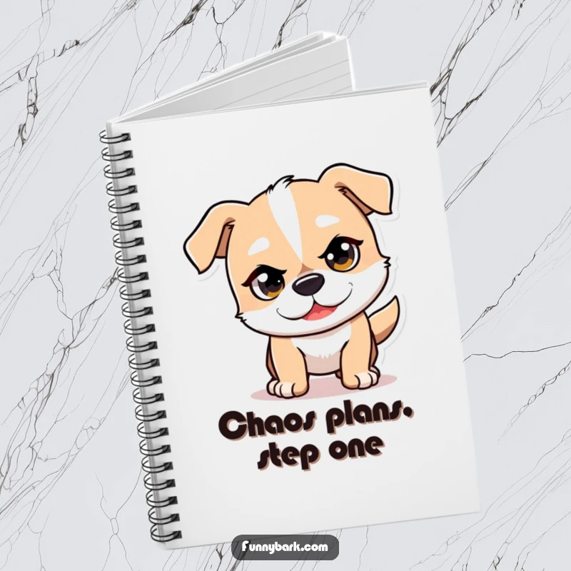 Funny Mischief Dog Notebook with a dog character exhibiting a mischievous glint, playfully pouncing forward.
