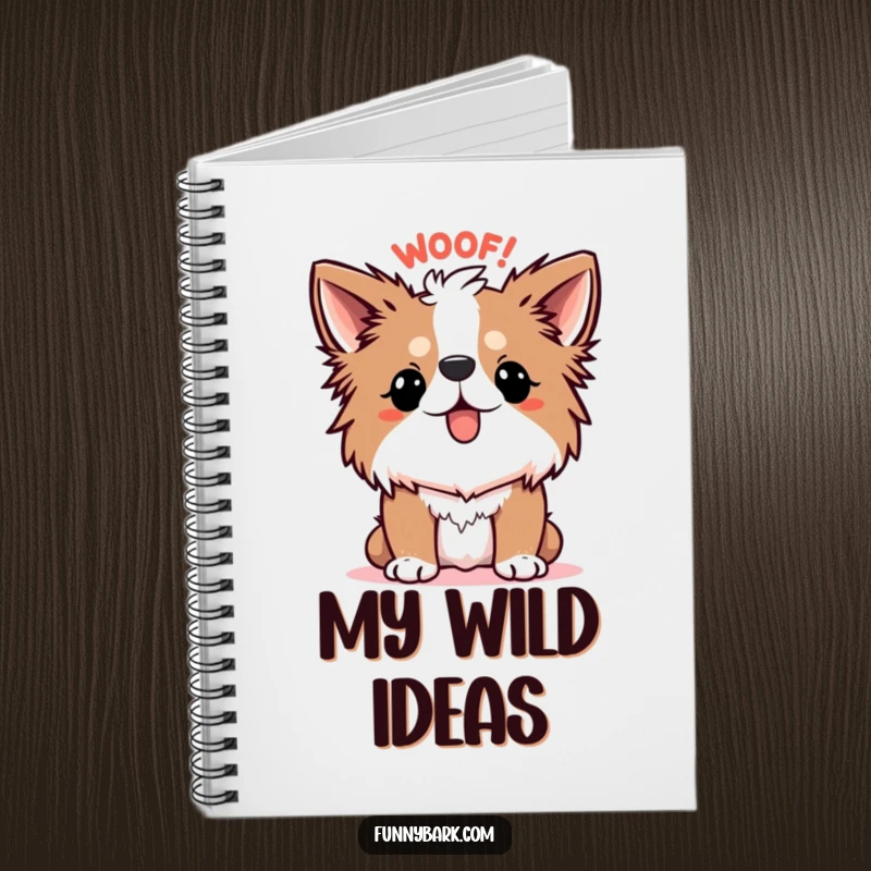 Funny Dog Notebook, featuring a dog with its fur standing on end, emitting a cartoonish WOOF!, perfect for jotting down startled notes.