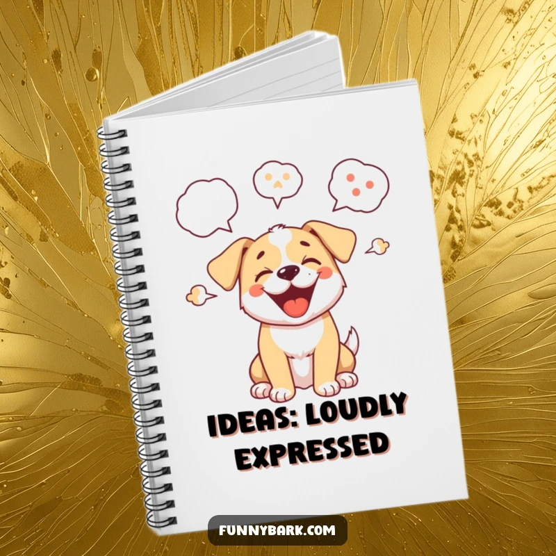 Funny notebook cover featuring a cartoon puppy barking enthusiastically, with speech bubbles indicating its playful sounds, for note-taking.