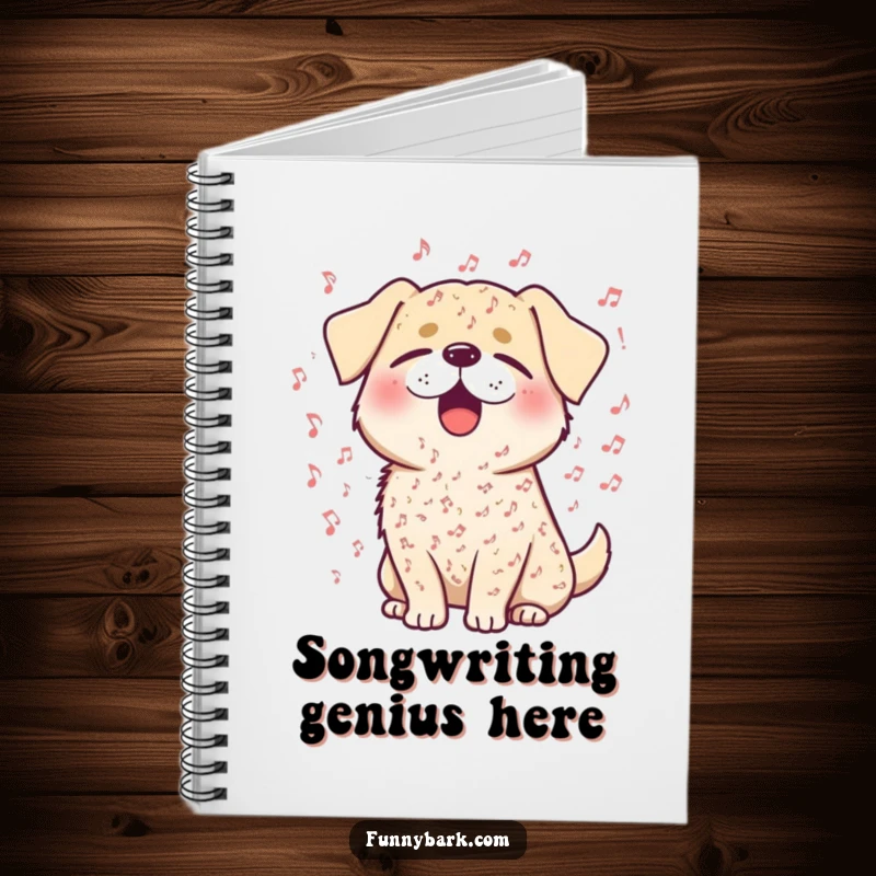 Funny notebook with a dog singing joyfully, eyes closed, surrounded by musical notes, for journaling.
