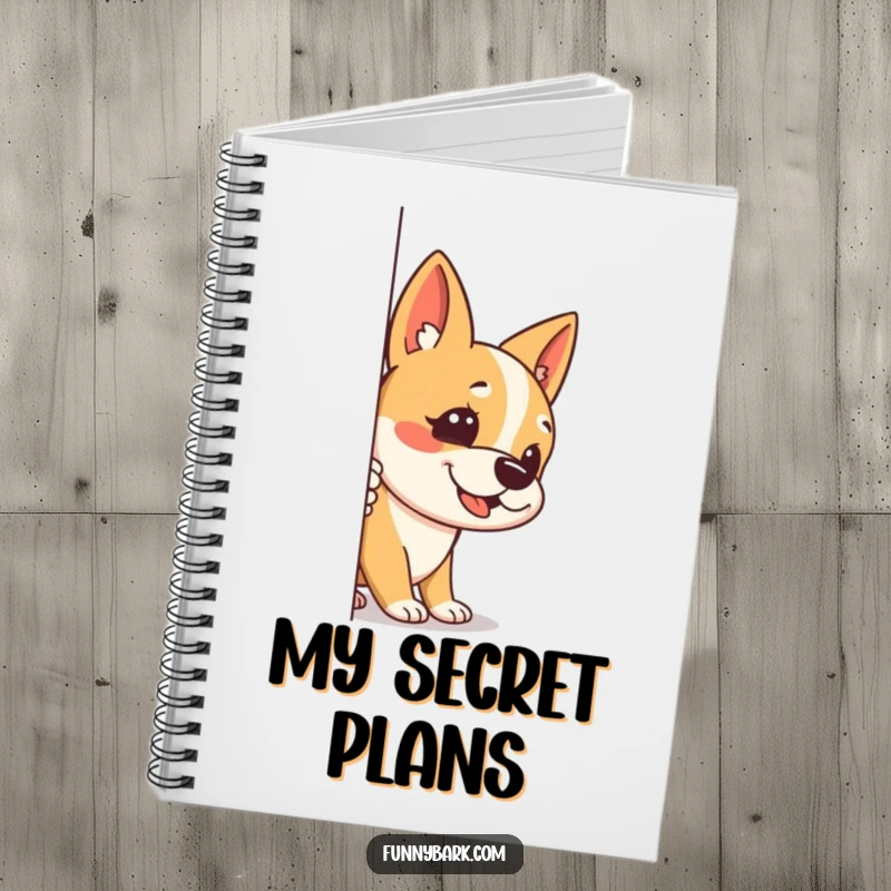 Funny notebook with a dog peeking around a corner, one ear up, mid-stealthy bark, ideal for recording clever thoughts humorously.