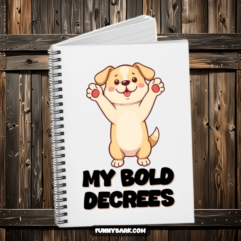 Funny Notebook with a dog standing on its hind legs, paws raised, as if calling out, for notes.