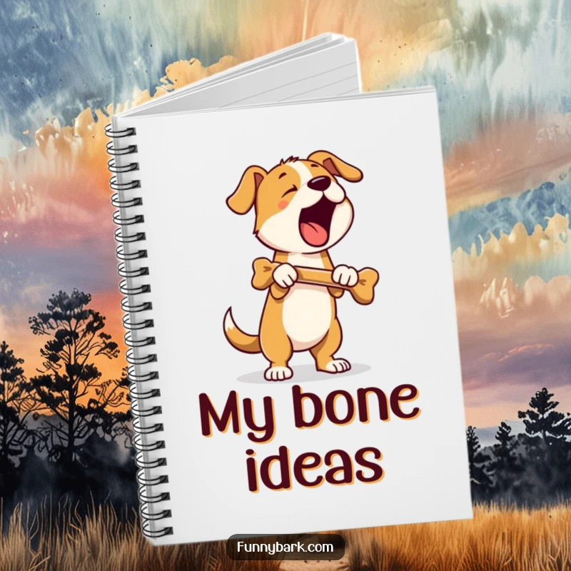 Funny notebook with a dog standing on hind legs, holding a bone, and barking loudly, ideal for recording winning ideas.