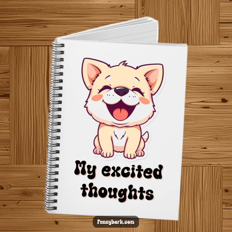 Funny notebook with a small dog character barking with pure, joyful exuberance, perfect for jotting down happy thoughts.