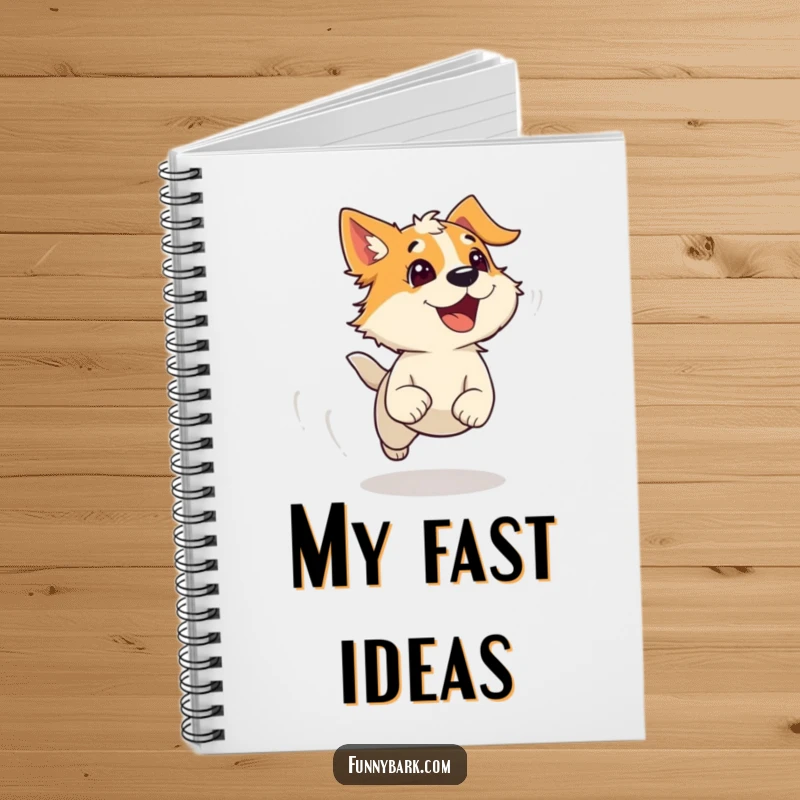 Funny notebook with a dog running with wind-blown fur and an escaping bark, ideal for jotting down fast thoughts with humor.