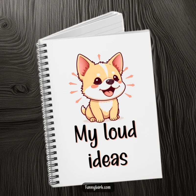 Funny notebook cover with a small dog with its mouth open, emanating vibrant sound waves, for jotting down thoughts and ideas.