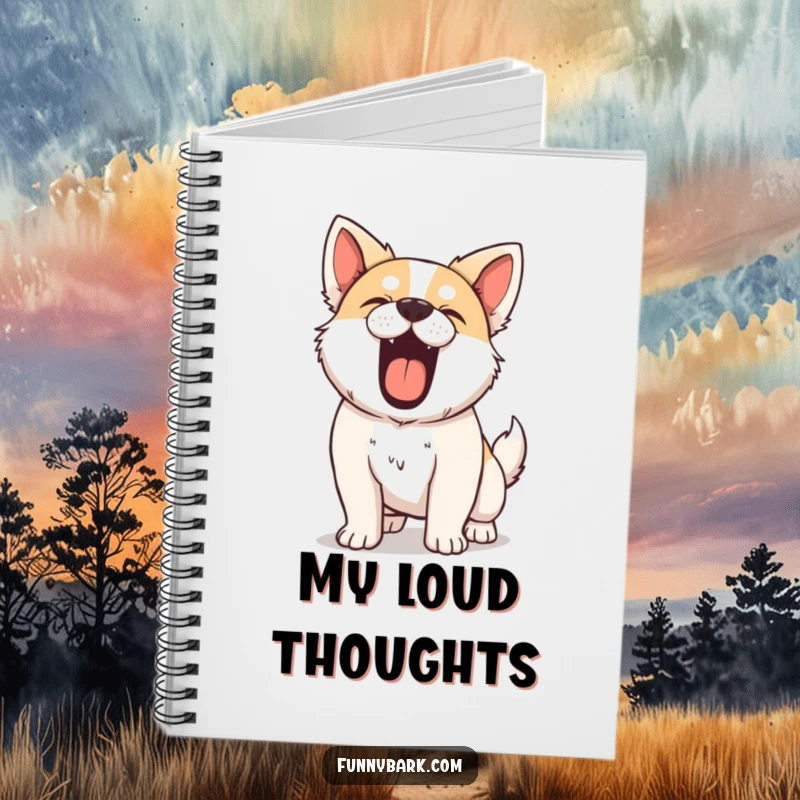 Funny Dog Notebook, featuring a dog barking with all its might, chest puffed out, perfect for jotting down loud ideas.