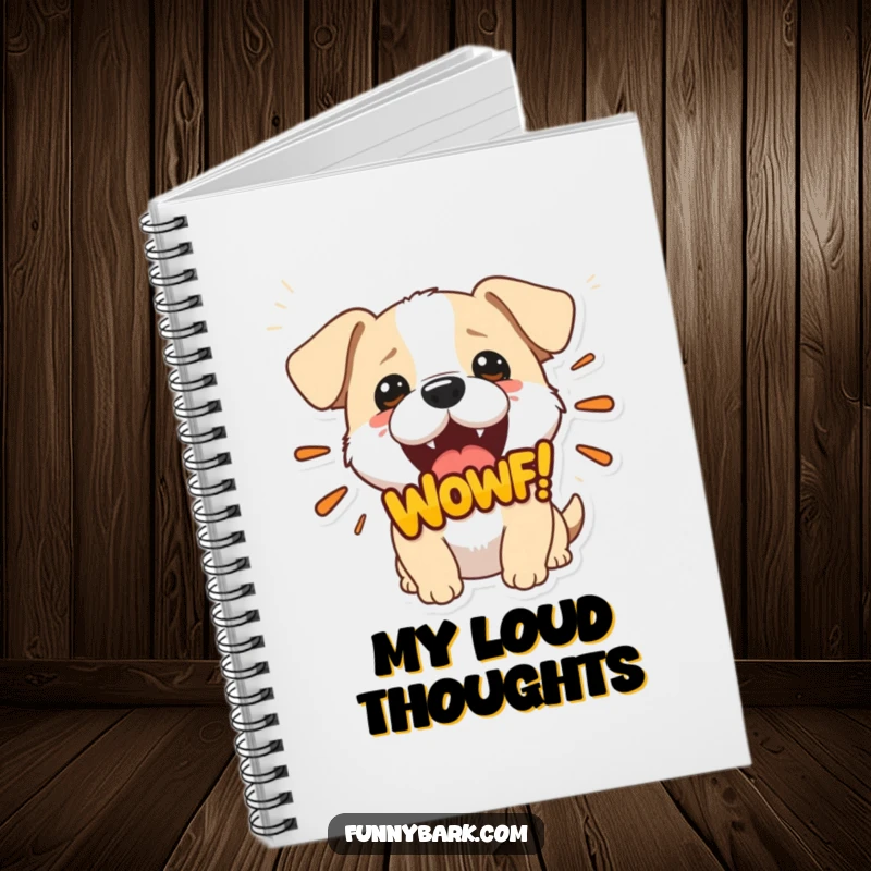 Funny notebook with a small dog open-mouthed, releasing a large 'Woof!' graphic, ideal for jotting down notes with a humorous touch.