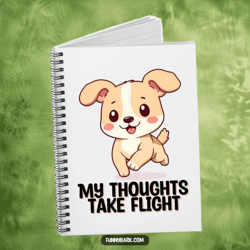 Funny dog notebook, cover art shows a dog running happily, ears flapping, sense of freedom and motion.