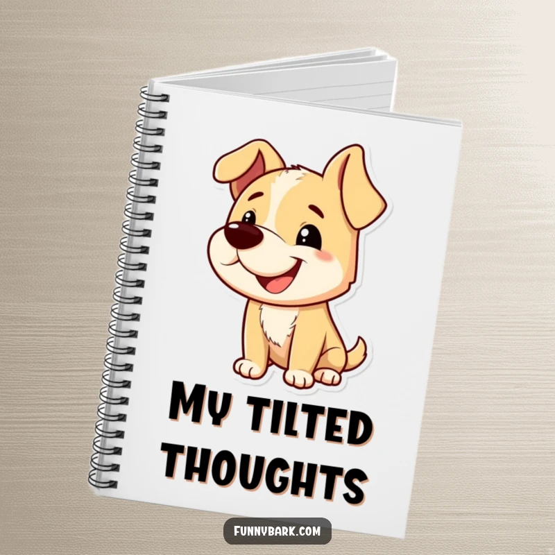 Funny notebook with a dog character with a playful grin and tilted head, mid-bark, inspiring cheerful notes and mischievous ideas.