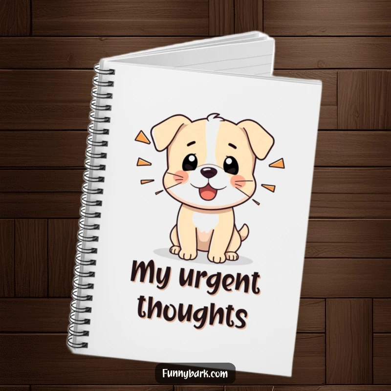 Funny notebook with a tiny dog character barking sharply, perfect for jotting down thoughts with humorous alertness.