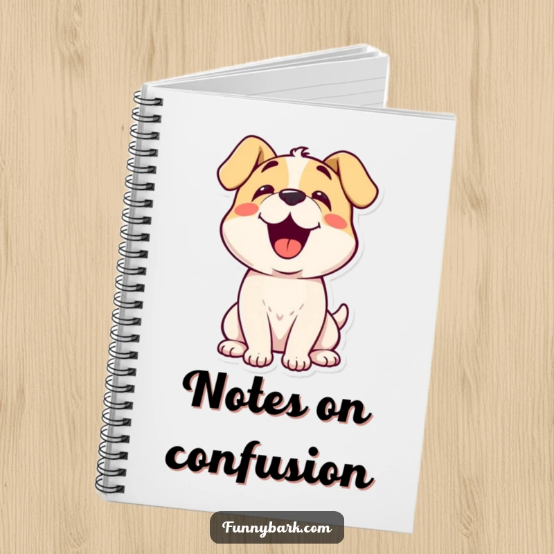 Funny dog with a questioning expression and head tilt, on a ruled notebook cover.