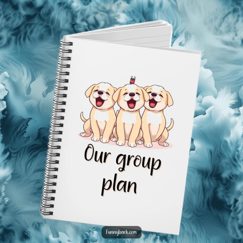 Funny notebook cover with a group of puppies barking in unison, tails wagging furiously, for jotting down thoughts and ideas.