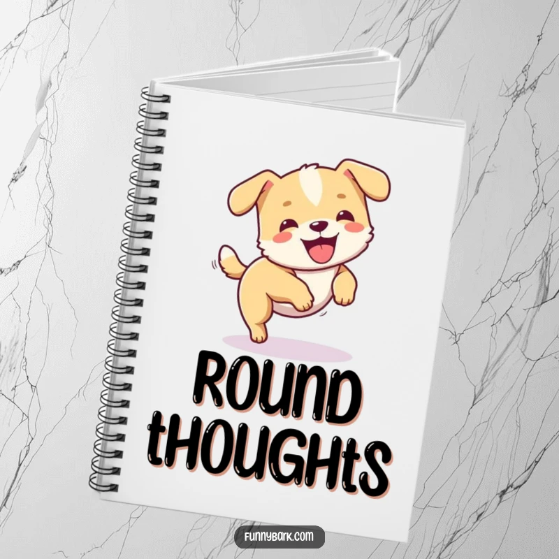 Funny dog notebook cover showing a small dog character in a dizzying circle, chasing its tail, perfect for note-taking.
