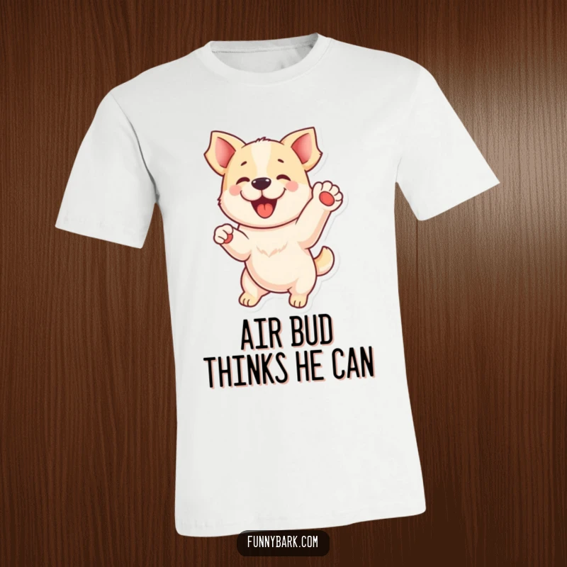 Funny t-shirt: A playful dog is shown jumping with one paw lifted, radiating excitement and a love for fun.