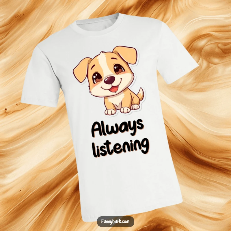 Funny Dog T-Shirt featuring a cute dog character tilting its head with a curious and happy expression, a delightful gift.