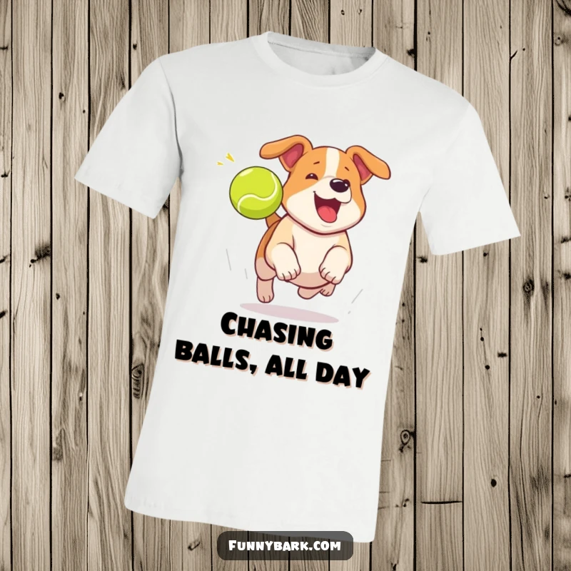 Funny dog t-shirt featuring a dog mid-bark, joyfully chasing a tennis ball with boundless energy.
