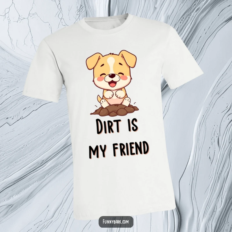 Funny small dog character eagerly digging a hole with its paws, capturing a moment of pure canine excitement on a t-shirt.