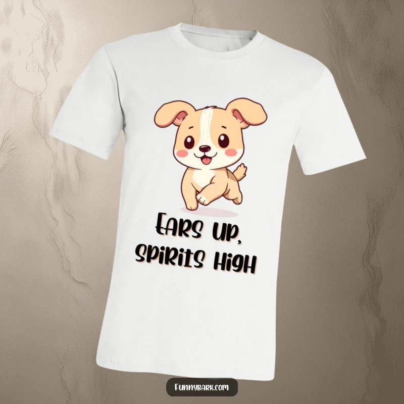 Funny dog t-shirt, ears flapping in the wind during a happy run, energetic and joyful depiction.