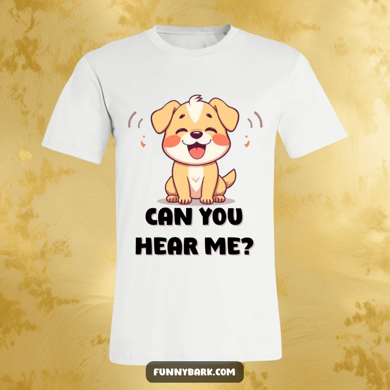 Funny Dog T-Shirt: A dog joyfully barking, with clear sound waves emanating, showing a happy, vocal pup.