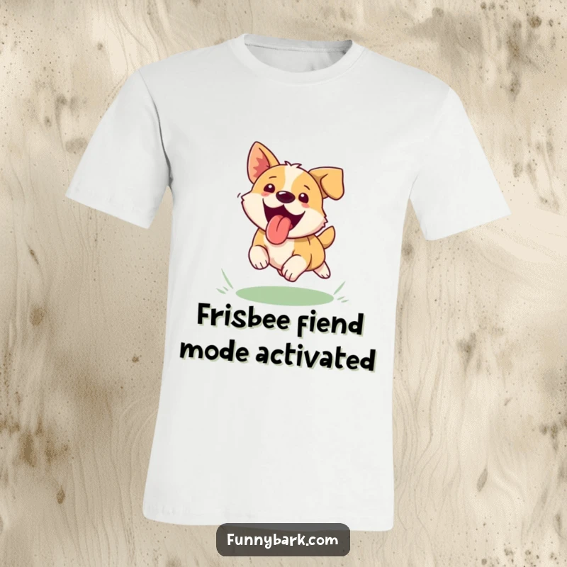 Funny dog t-shirt, tongue lolling, joyfully leaping to catch a frisbee in a park, energetic canine.