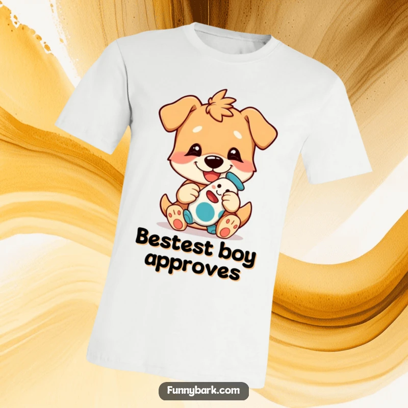 Funny Dog T-Shirt featuring a dog character with a wide playful grin, playfully presenting a beloved treasured toy.