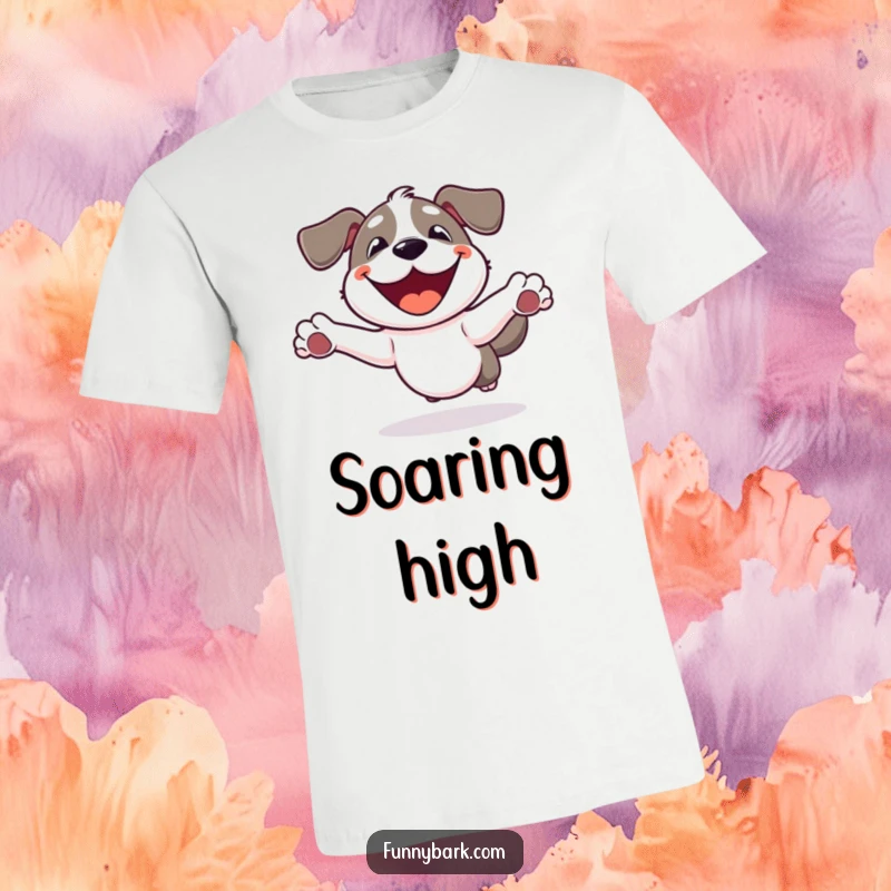 Funny Dog T-Shirt: A dog with a wide smile, caught in an enthusiastic leap into the air, full of energy.