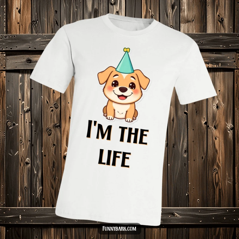 Funny dog character in a party hat with a goofy, silly grin, ideal for a fun and humorous t-shirt.