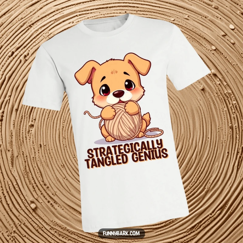 Funny dog t-shirt, comically tangled in a ball of yarn, wide-eyed confused expression, playful mishap.