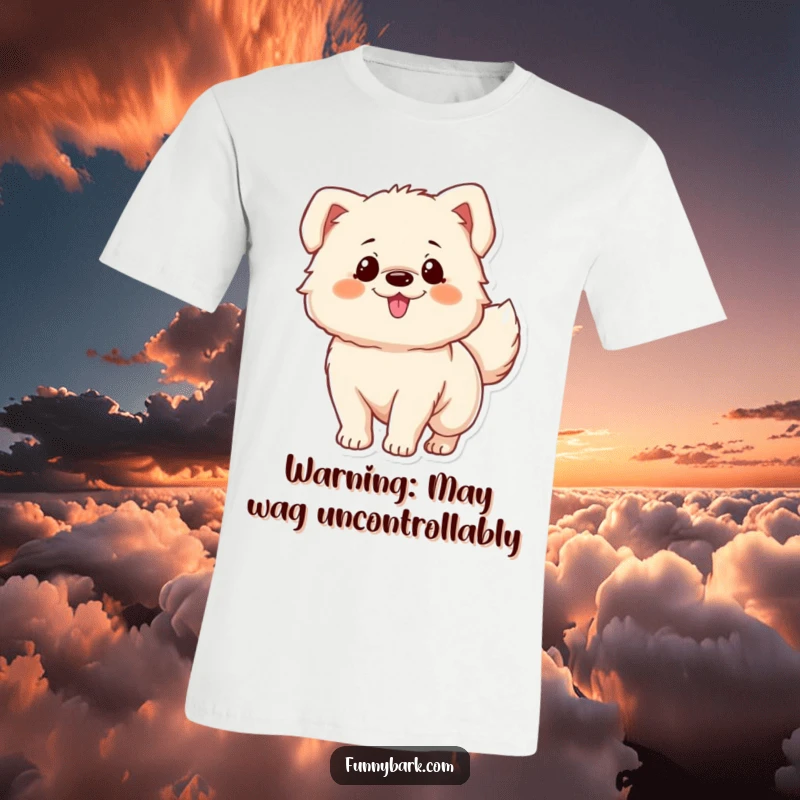 Funny t-shirt: A fluffy dog character hilariously wagging its tail with infectious excitement, a delightful gift for dog enthusiasts.