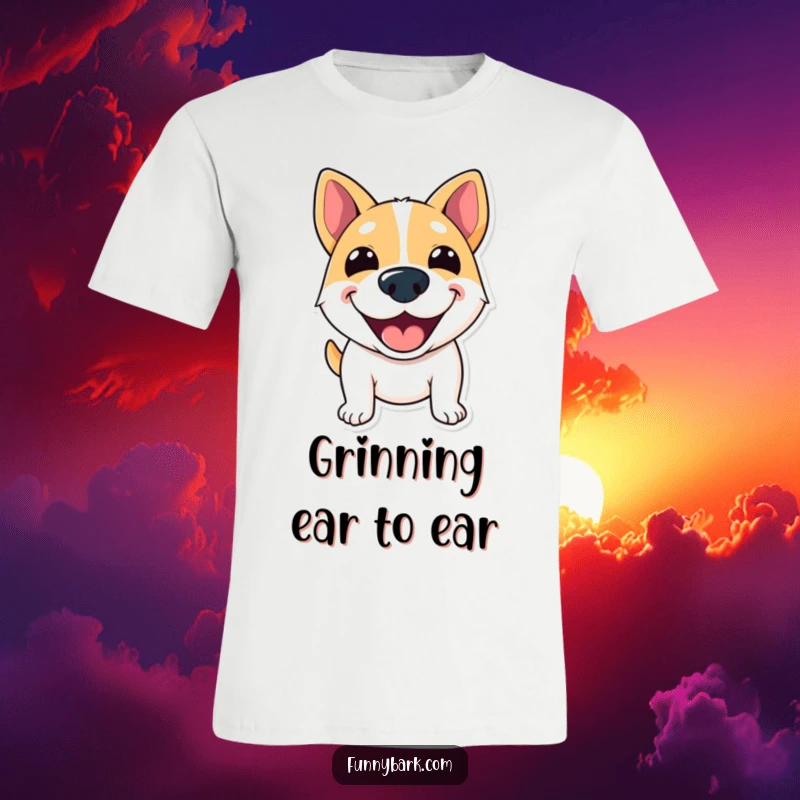 Funny T-Shirt featuring a dog with a wide, excited grin, appearing to joyfully shout greetings.