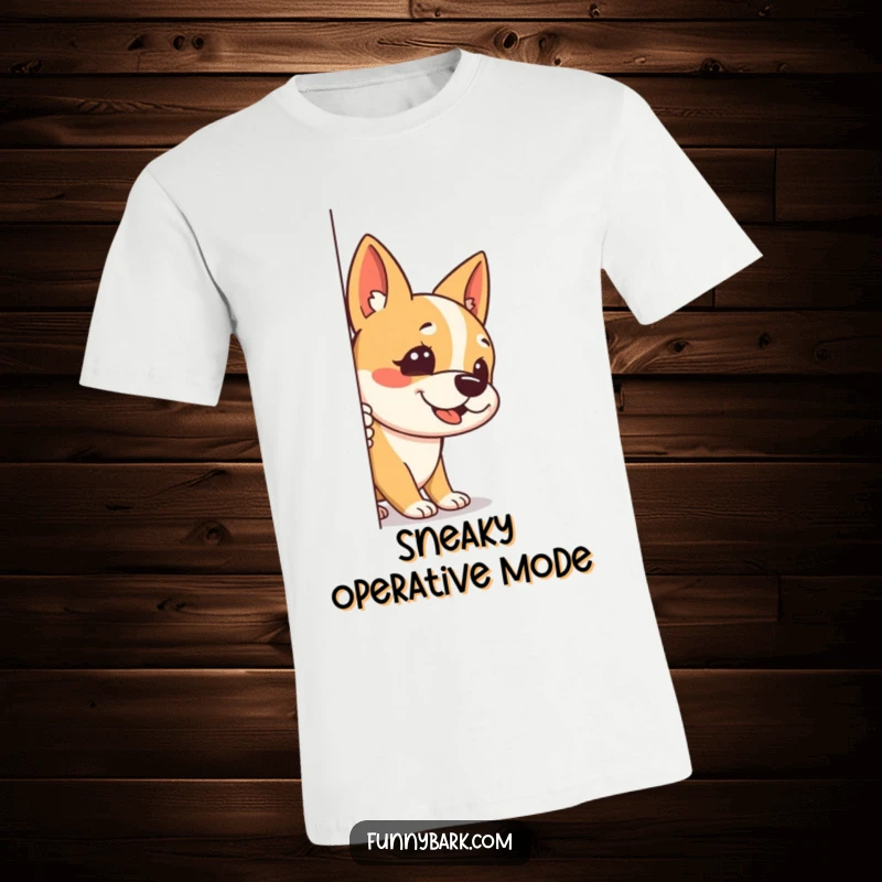Funny t-shirt showing a dog peeking around a corner, one ear up, with a stealthy bark, conveying playful sneakiness.