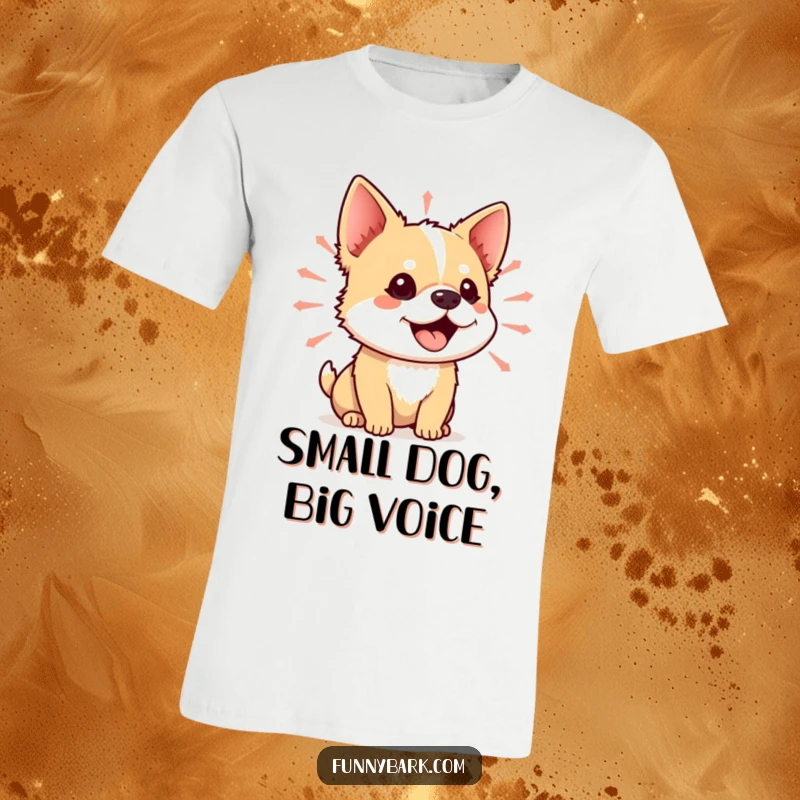 Funny T-Shirt showing a small dog with its mouth open, surrounded by colorful, vibrant sound waves, symbolizing its energetic yip.